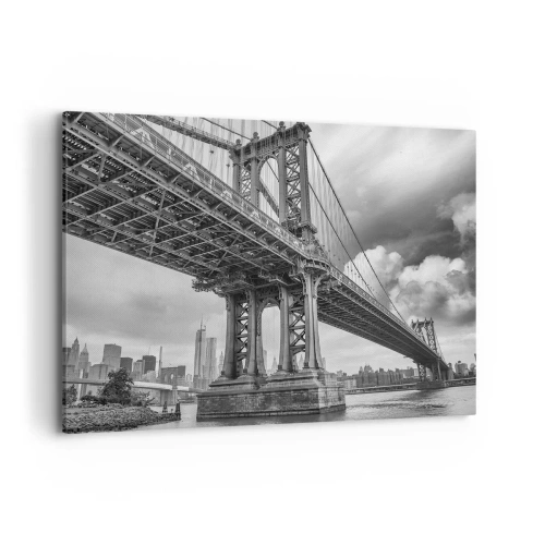 Cuadro sobre lienzo - Impresión de Imagen - Un puente en blanco y negro con vista a la ciudad. - 100x70cm - Al corazón de la ciudad - Decoración de pared moderna para salón y dormitorio ARTTOR