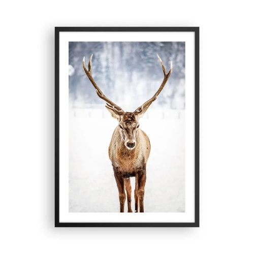 Póster en marco negro - Un ciervo majestuoso con el telón de fondo de un paisaje invernal. - 50x70cm - Directamente desde la niebla de nieve - Decoración de pared moderna para salón y dormitorio ARTTOR