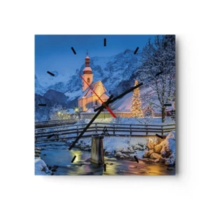 Reloj de pared - Reloj de vidrio - Paisaje invernal con una iglesia, un puente y montañas al atardecer - 30x30cm - El espíritu de la Navidad - Decoración de pared moderna para salón y dormitorio ARTTOR