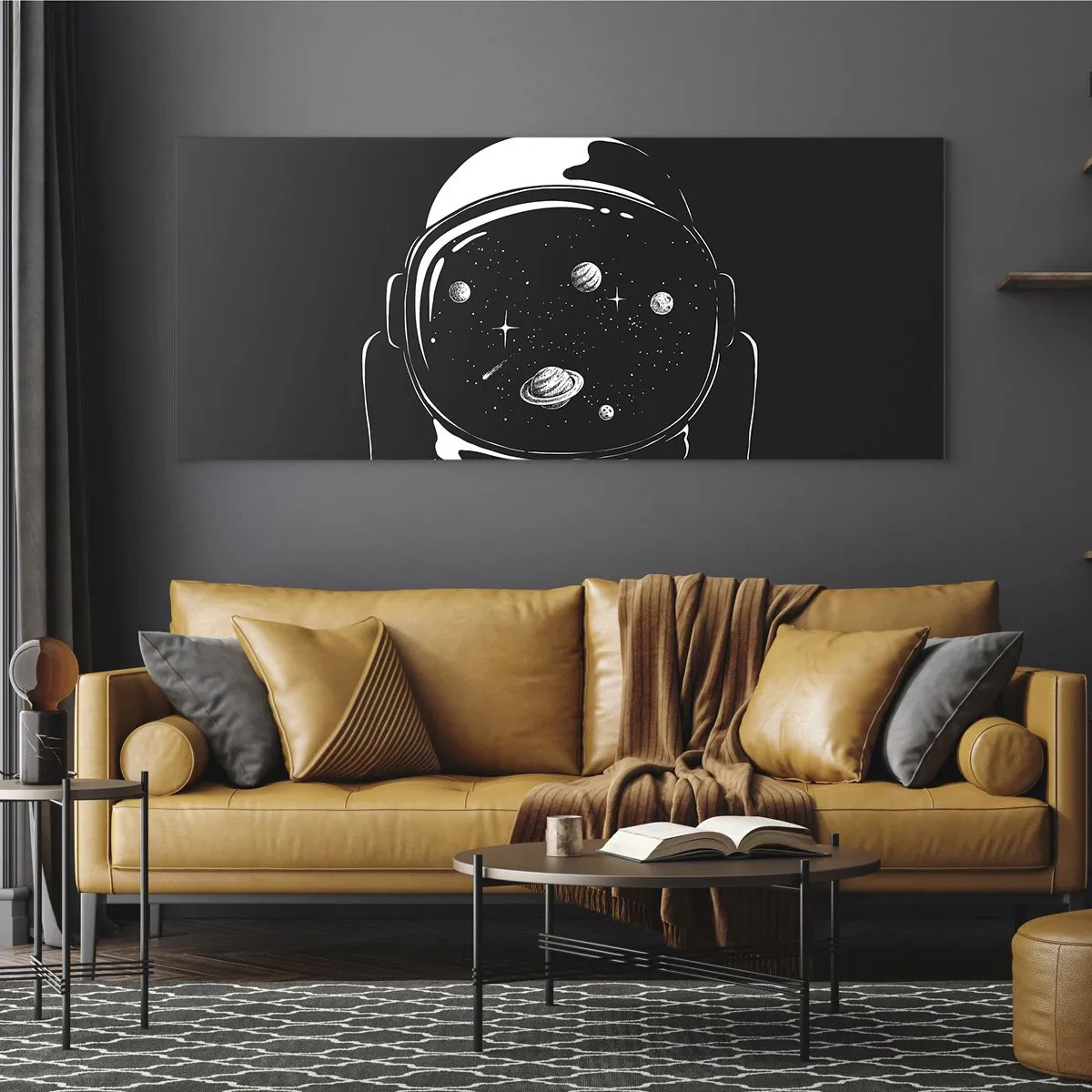 Cuadro sobre vidrio - Impresiones sobre Vidrio - Un casco de astronauta minimalista con vistas al espacio. - 140x50cm - Bonita vista - Decoración de pared moderna para salón y dormitorio ARTTOR