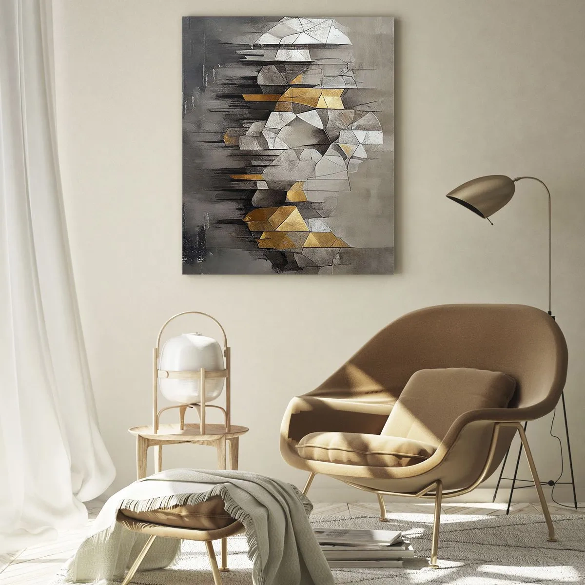 Cuadro sobre vidrio - Impresiones sobre Vidrio - Formas abstractas en tonos de gris, blanco y dorado. - 50x70cm - Composición hecha de hielo y luz - Decoración de pared moderna para salón y dormitorio ARTTOR