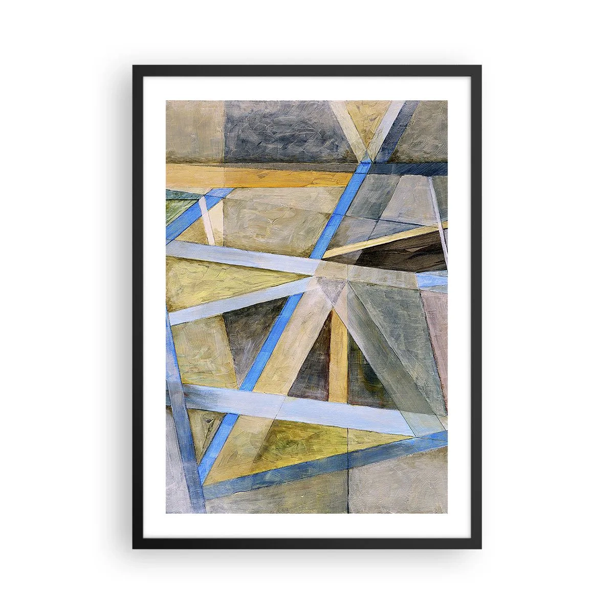 Póster en marco negro - Abstracción geométrica con tonos azules y dorados. - 50x70cm - ¿Recto o inclinado? - Decoración de pared moderna para salón y dormitorio ARTTOR
