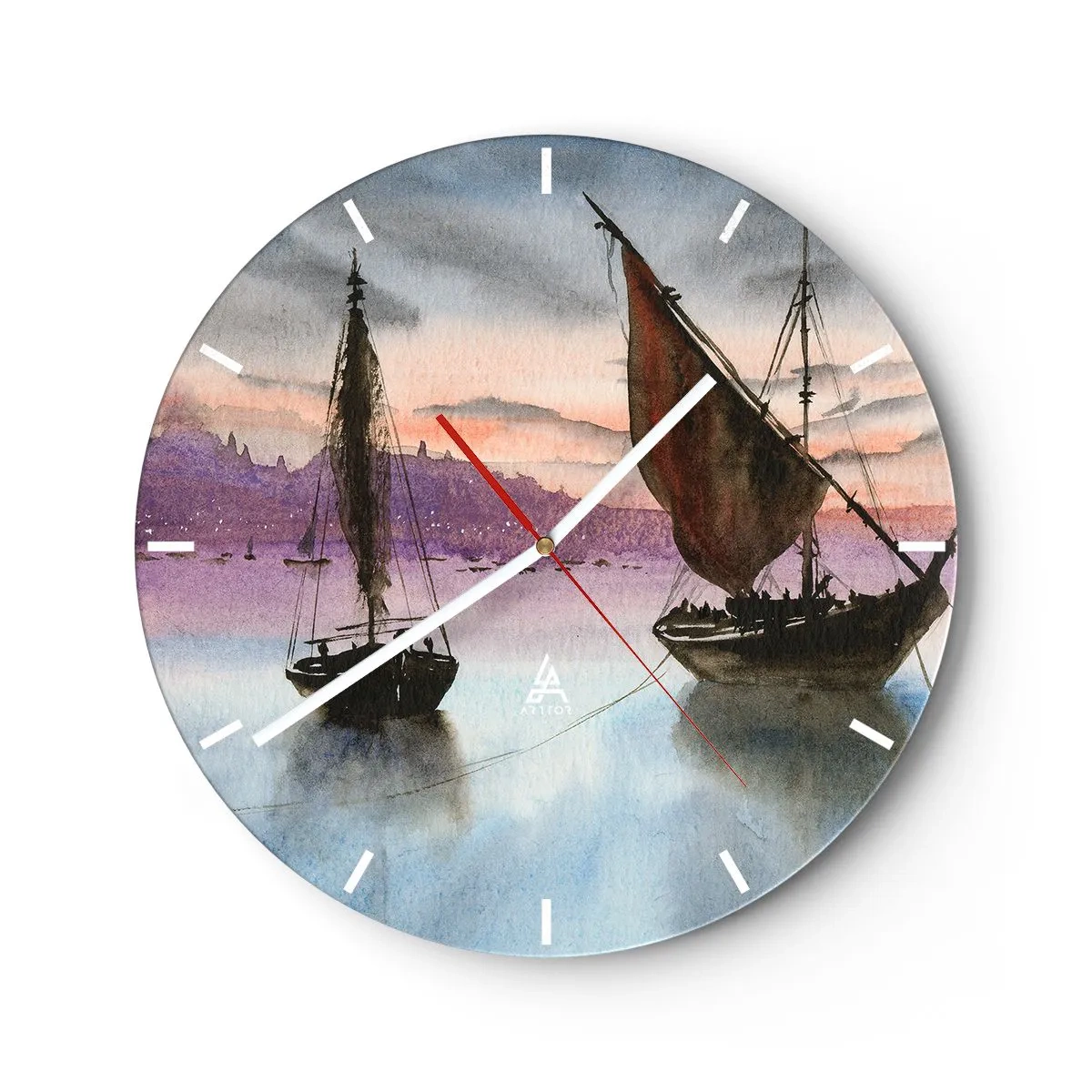 Reloj de pared - Reloj de vidrio - Barcos de vela en el agua al atardecer - 30x30cm - Atardecer en el puerto - Decoración de pared moderna para salón, cocina y dormitorio ARTTOR