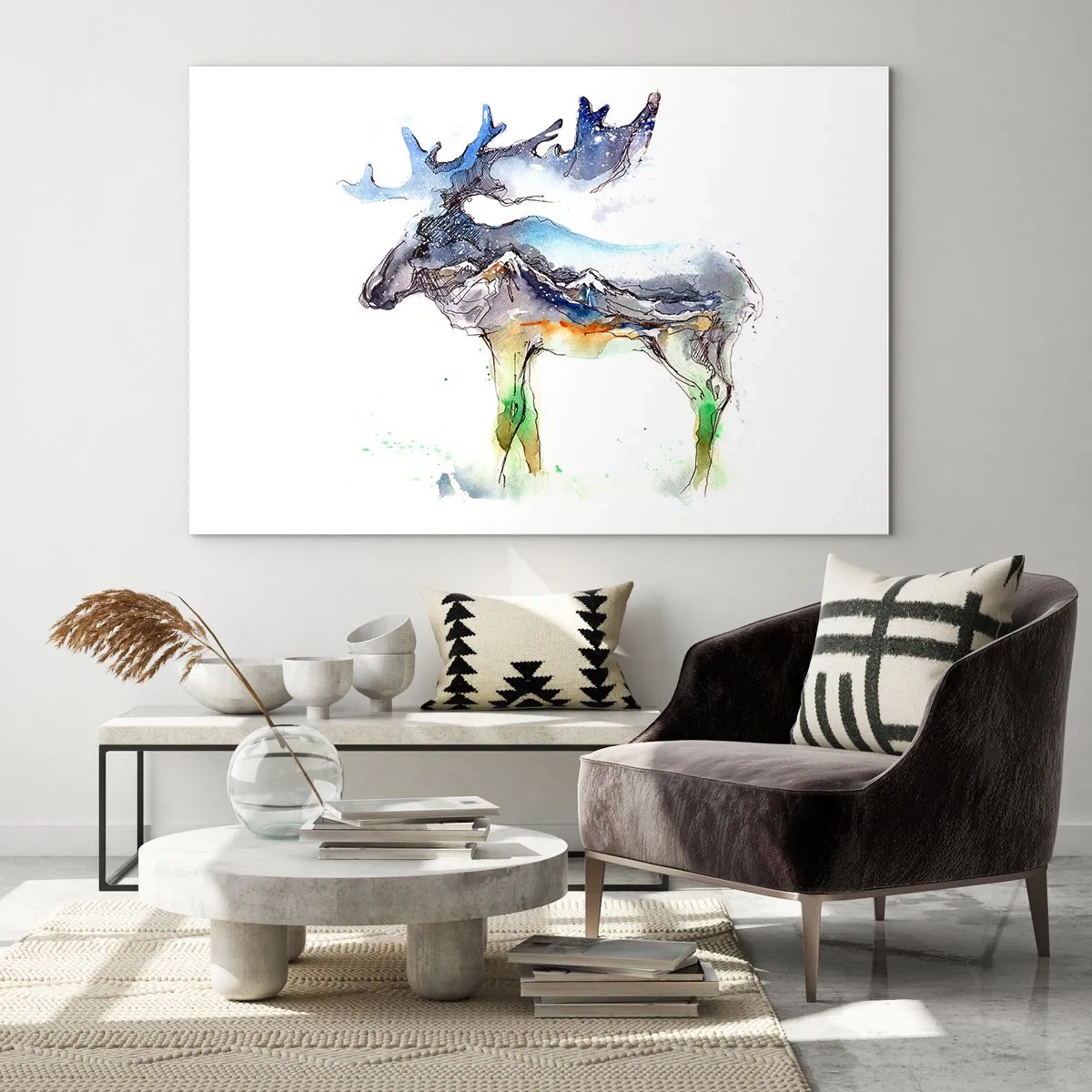 Cuadro sobre vidrio - Impresiones sobre Vidrio - Pintura de acuarela de un alce con un motivo de silueta de montaña. - 100x70cm - El héroe de un cuento de invierno - Decoración de pared moderna para salón y dormitorio ARTTOR