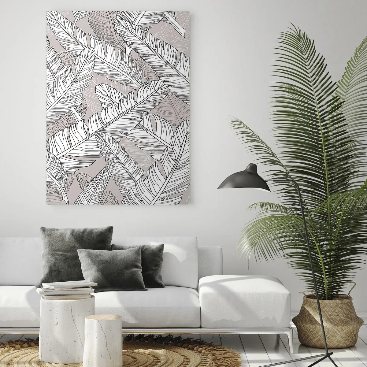 Cuadro sobre vidrio - Impresiones sobre Vidrio - Patrón en blanco y negro con hojas de plátano sobre un fondo claro. - 70x100cm - Turbulencias de plumas - Decoración de pared moderna para salón y dormitorio ARTTOR