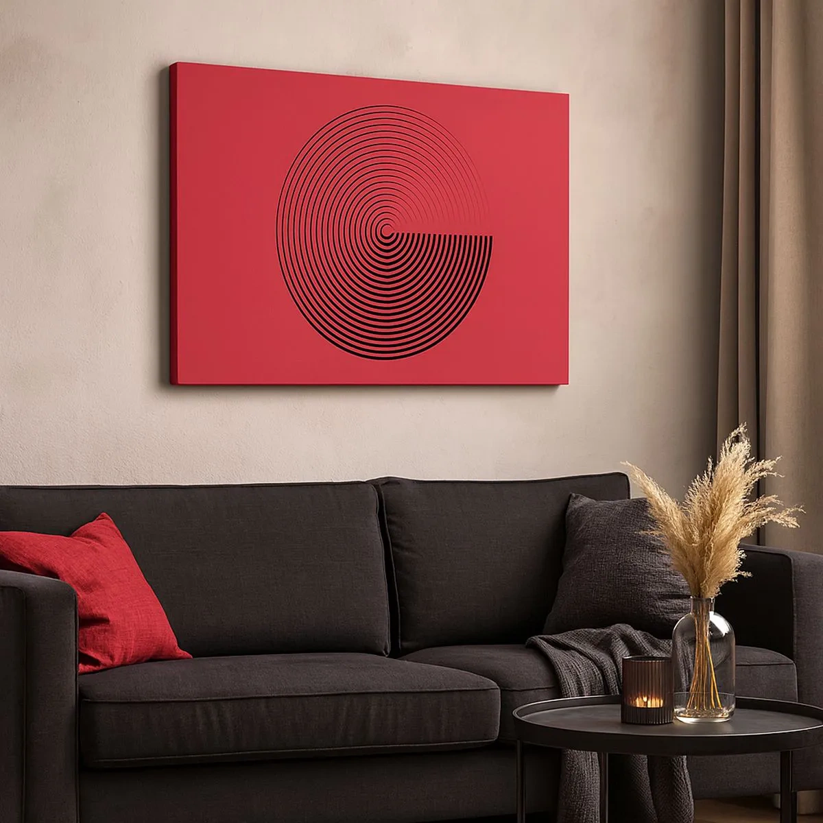 Cuadro sobre lienzo - Impresión de Imagen - Círculos concéntricos sobre fondo rojo - 70x50cm - Movimiento circular - Decoración de pared moderna para salón y dormitorio ARTTOR