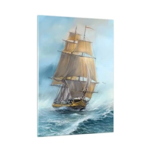 Cuadro sobre vidrio - Impresiones sobre Vidrio - Un velero en un mar tempestuoso en estilo pictórico. - 50x70cm - Surcando las olas - Decoración de pared moderna para salón y dormitorio ARTTOR