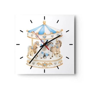 Reloj de pared - Reloj de vidrio - Un carrusel en colores pastel sobre un fondo blanco. - 30x30cm - Dulce infancia - Decoración de pared moderna para salón y dormitorio ARTTOR