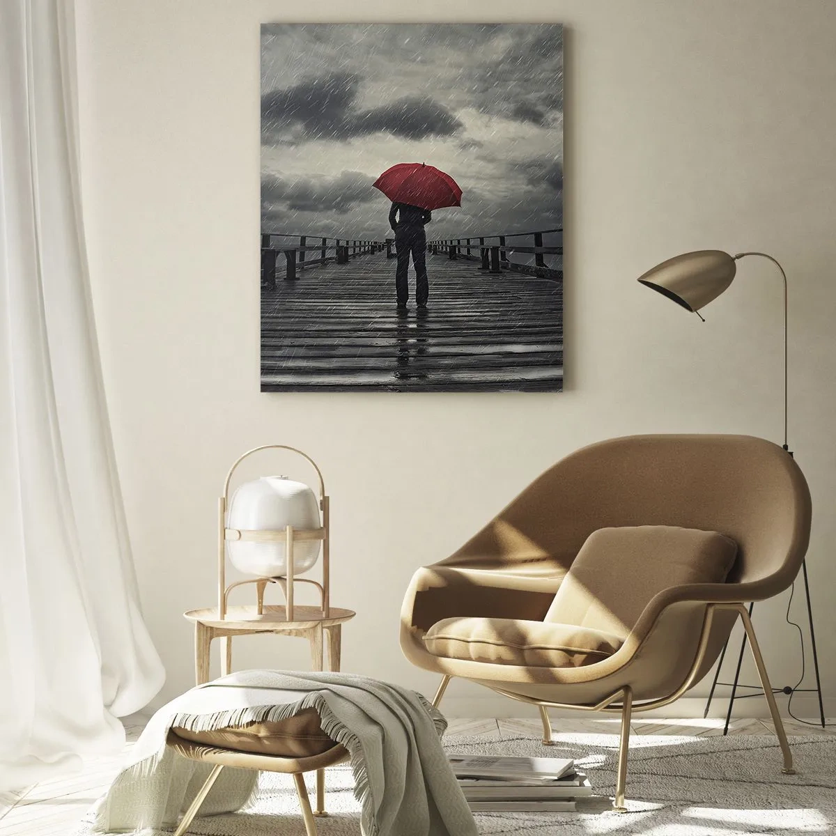 Cuadro sobre vidrio - Impresiones sobre Vidrio - Un hombre con un paraguas rojo en un muelle de madera bajo la lluvia. - 50x70cm - No importa que llueva - Decoración de pared moderna para salón y dormitorio ARTTOR