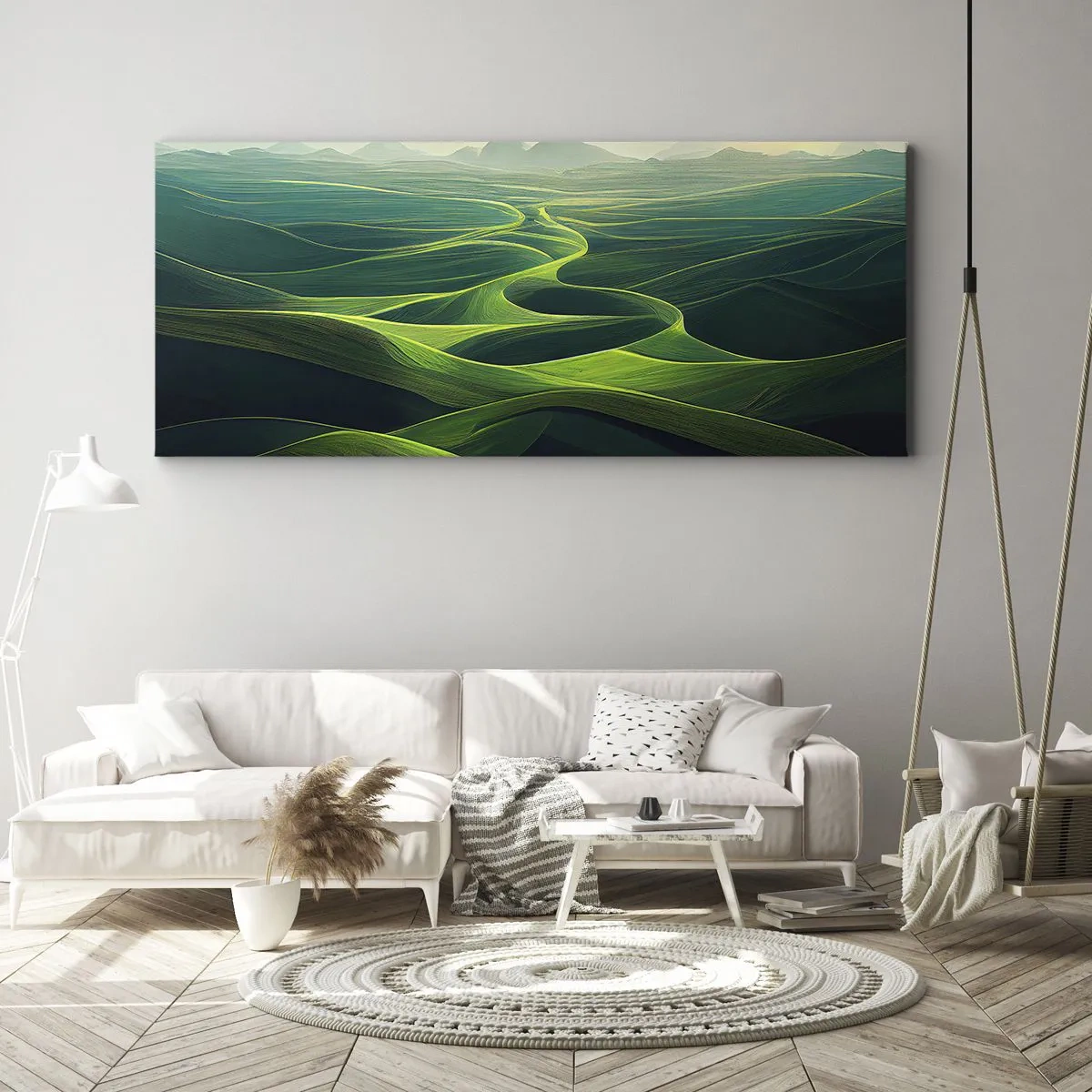 Cuadro sobre lienzo - Impresión de Imagen - Colinas verdes con senderos ondulados - 160x50cm - Valles en tonos verdes - Decoración de pared moderna para salón y dormitorio ARTTOR