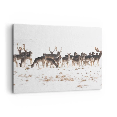Cuadro sobre lienzo - Impresión de Imagen - Una manada de ciervos sobre un fondo nevado. - 120x80cm - ¿Se acerca la Navidad? - Decoración de pared moderna para salón y dormitorio ARTTOR