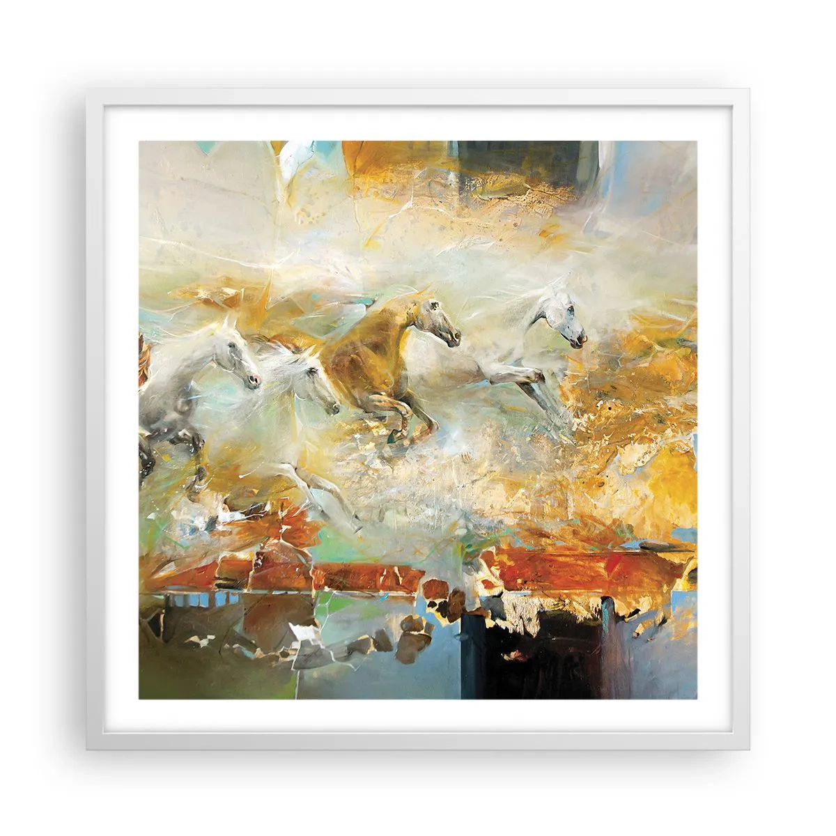 Póster en marco blanco - Galopando a través de la luz - 60x60 cm