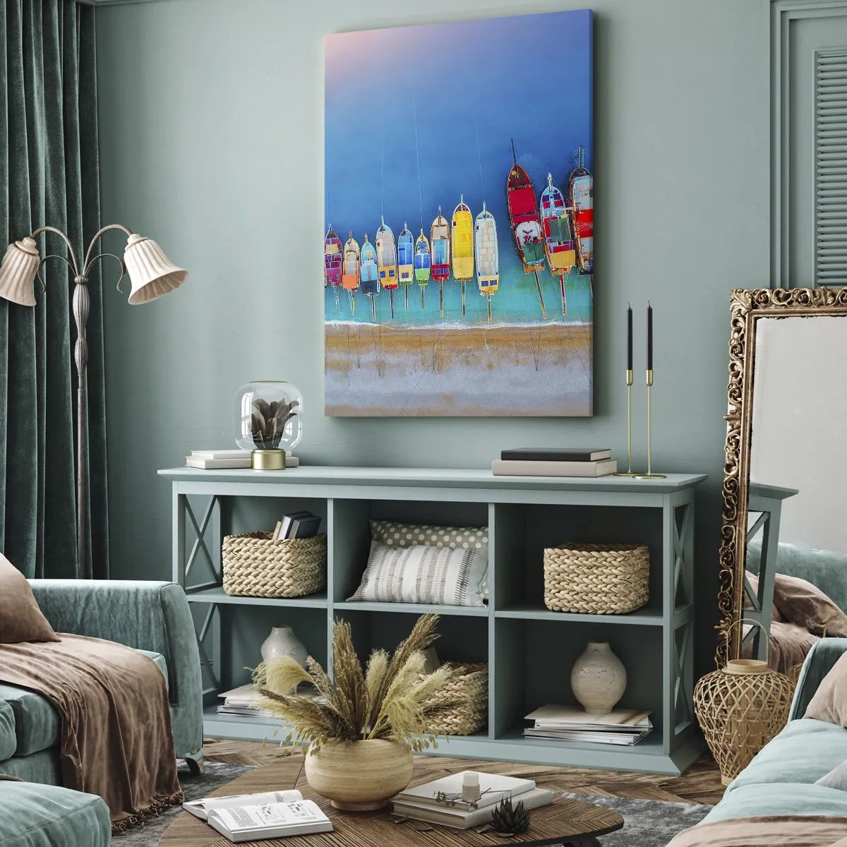 Cuadro sobre lienzo - Impresión de Imagen - Barcos coloridos alineados en fila en la orilla - 50x70cm - A vista de pájaro - Decoración de pared moderna para salón y dormitorio ARTTOR