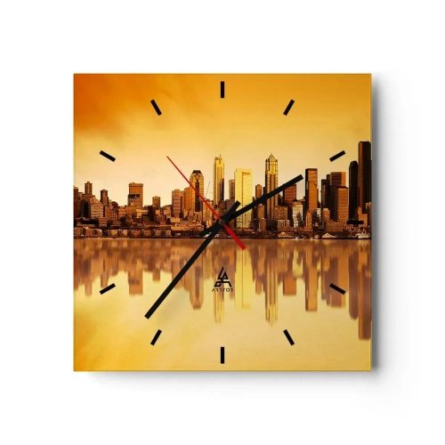 Reloj de pared - Reloj de vidrio - Panorama de la ciudad reflejado en el agua al atardecer - 30x30cm - El silencio de la metrópoli - Decoración de pared moderna para salón y dormitorio ARTTOR