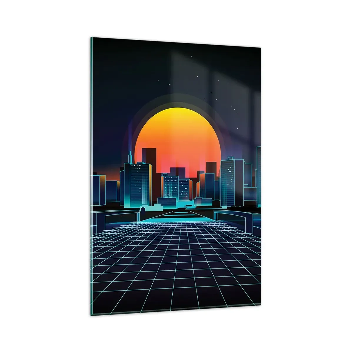 Cuadro sobre vidrio - Impresiones sobre Vidrio - Horizonte urbano futurista de estilo neón - 80x120cm - ¿Todavía deseas volver a la realidad? - Decoración de pared moderna para salón y dormitorio ARTTOR