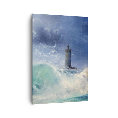 Cuadro sobre lienzo - Impresión de Imagen - Un faro rodeado de fuertes olas y nubes. - 70x100cm - En guardia contra los elementos - Decoración de pared moderna para salón y dormitorio ARTTOR
