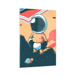 Cuadro sobre vidrio - Impresiones sobre Vidrio - Astronauta divertido en la playa con elementos espaciales de fondo. - 70x100cm - Desde una perspectiva diferente - Decoración de pared moderna para salón y dormitorio ARTTOR