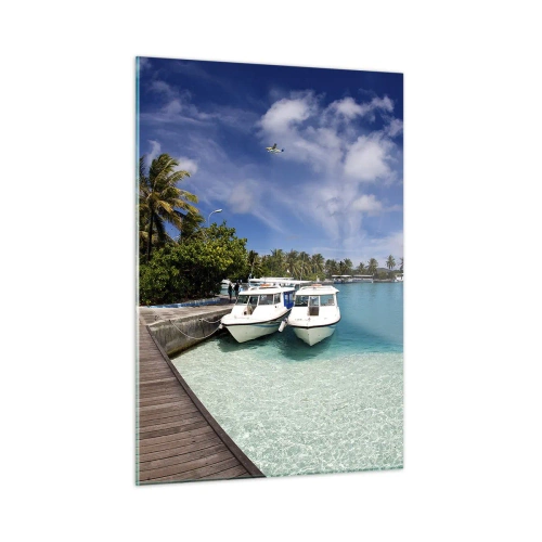 Cuadro sobre vidrio - Impresiones sobre Vidrio - Muelle exótico, barcos y agua turquesa. - 50x70cm - Y sin embargo el paraíso existe - Decoración de pared moderna para salón y dormitorio ARTTOR