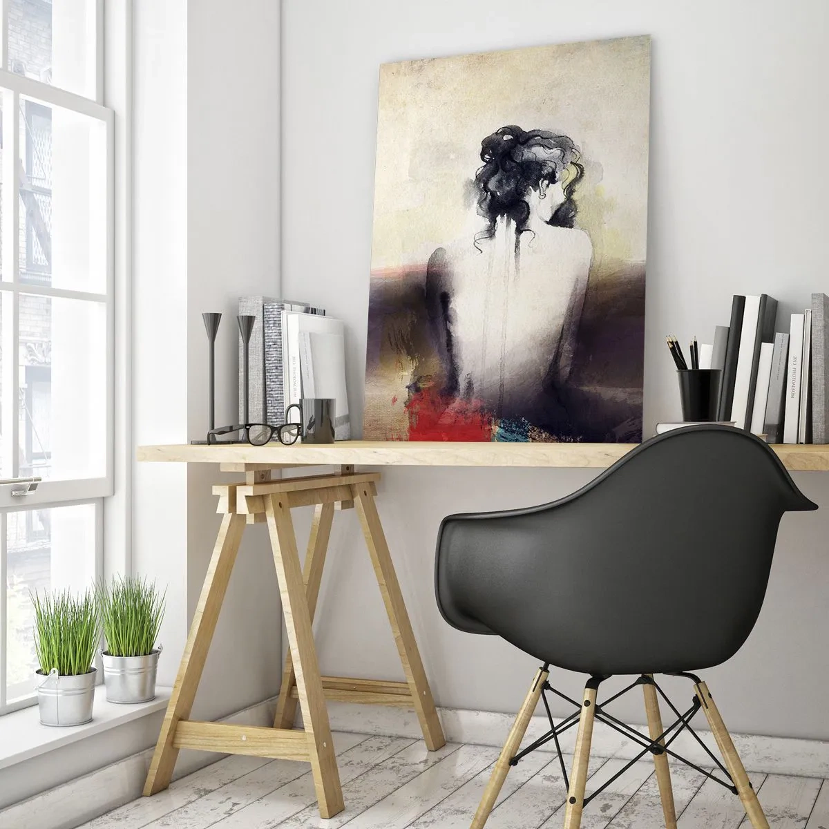 Cuadro sobre vidrio - Impresiones sobre Vidrio - Un retrato sutil de una mujer sobre un fondo de paisaje pastel. - 50x70cm - Líneas suaves, formas ovaladas - Decoración de pared moderna para salón y dormitorio ARTTOR