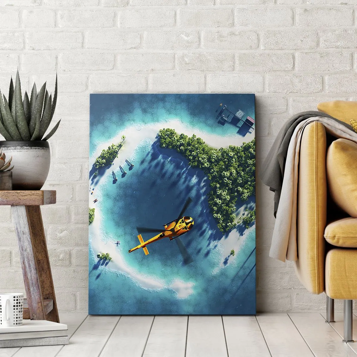 Cuadro sobre lienzo - Impresión de Imagen - Una isla tropical rodeada de agua turquesa con un helicóptero a la vista. - 50x70cm - Cómprate una isla - Decoración de pared moderna para salón y dormitorio ARTTOR