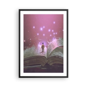 Póster en marco negro - Una figura en un entorno mágico de pie sobre un libro abierto. - 50x70cm - Una invitación a otro mundo - Decoración de pared moderna para salón y dormitorio ARTTOR