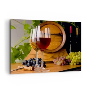 Cuadro sobre lienzo - Impresión de Imagen - Copas de vino con uvas, un barril y botellas sobre una mesa de madera - 100x70cm - Como los antiguos maestros - Decoración de pared moderna para salón y dormitorio ARTTOR