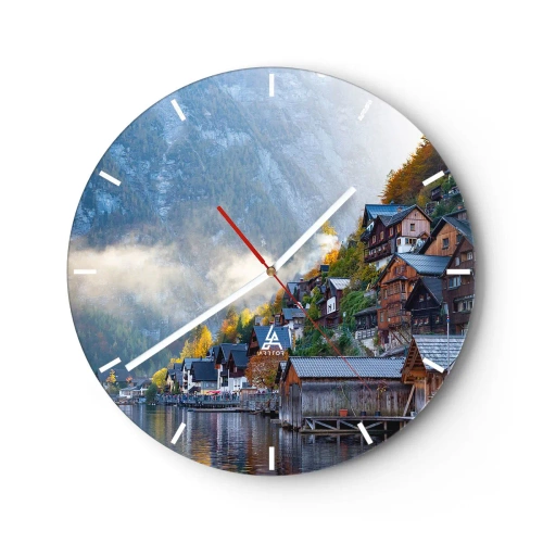 Reloj de pared - Reloj de vidrio - Un pueblo de montaña junto a un lago a la luz de la mañana. - 30x30cm - Ambiente alpino - Decoración de pared moderna para salón, cocina y dormitorio ARTTOR