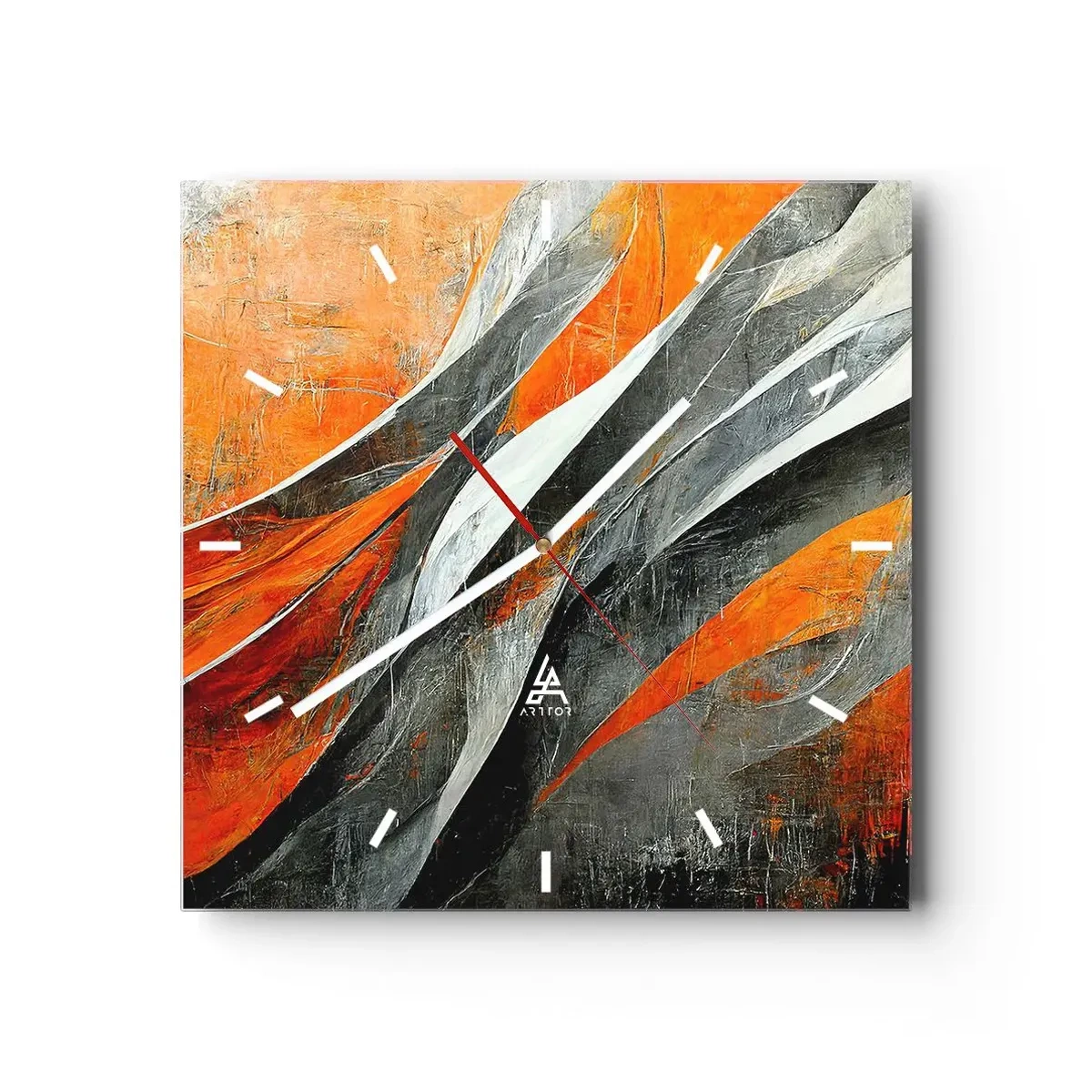 Reloj de pared - Reloj de vidrio - Líneas abstractas en tonos naranja y gris. - 30x30cm - Calor y frío - Decoración de pared moderna para salón y dormitorio ARTTOR