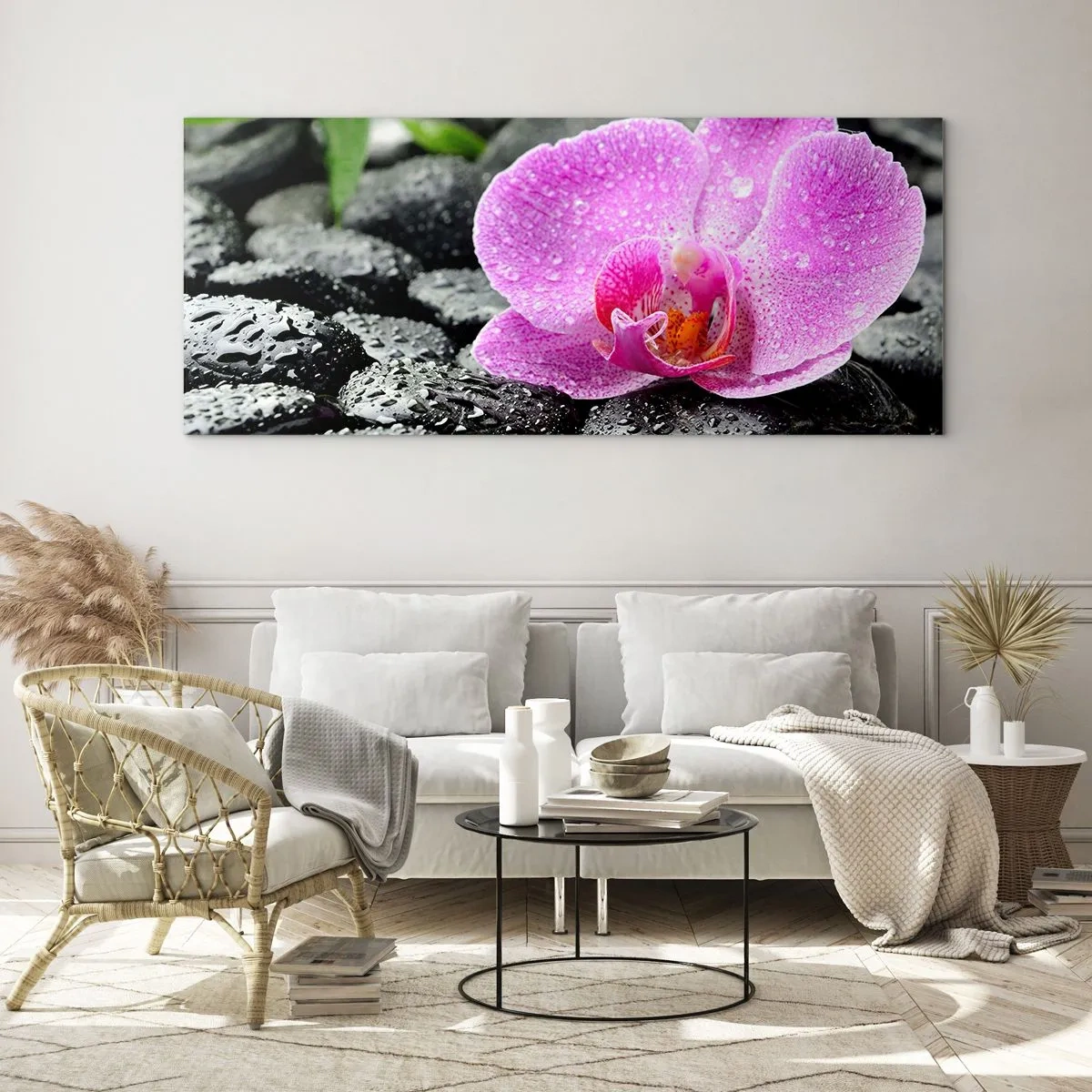 Cuadro sobre vidrio - Impresiones sobre Vidrio - Orquídea rosa sobre piedras negras mojadas con hojas verdes - 140x50cm - Como un corazón abierto - Decoración de pared moderna para salón y dormitorio ARTTOR