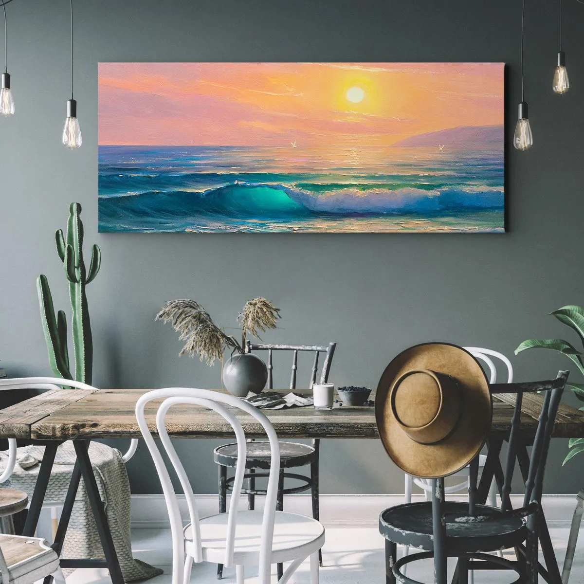 Cuadro sobre lienzo - Impresión de Imagen - Paisaje marino con puesta de sol - 140x50cm - El canto turquesa de las olas - Decoración de pared moderna para salón y dormitorio ARTTOR