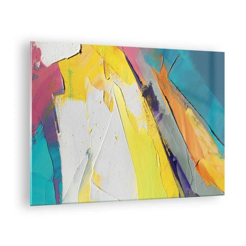 Cuadro sobre vidrio - Impresiones sobre Vidrio - Pinceladas abstractas en amarillo, azul y blanco. - 70x50cm - Anatomía de la luz - Decoración de pared moderna para salón y dormitorio ARTTOR