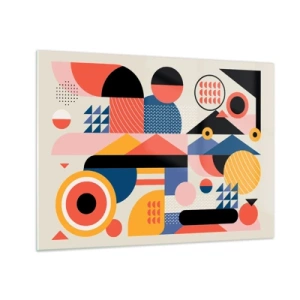 Cuadro sobre vidrio - Impresiones sobre Vidrio - Abstracción geométrica colorida con círculos y triángulos. - 70x50cm - Composición: juegos - Decoración de pared moderna para salón y dormitorio ARTTOR