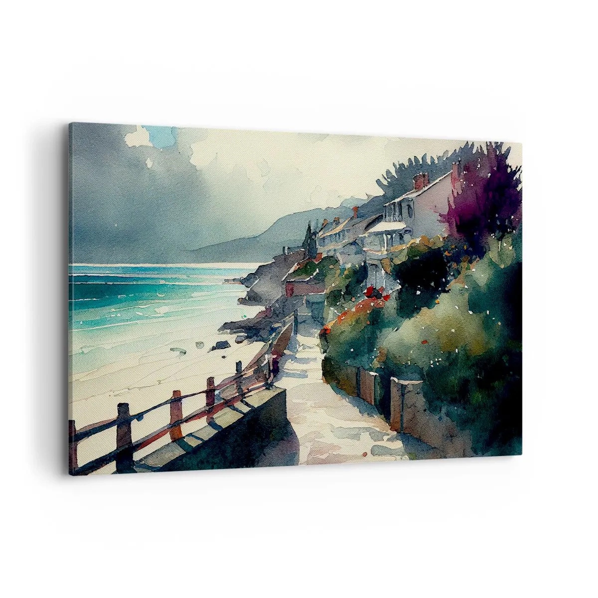 Cuadro sobre lienzo - Impresión de Imagen - Paseo marítimo con casas y vegetación - 120x80cm - Ciudad mediterránea - Decoración de pared moderna para salón y dormitorio ARTTOR