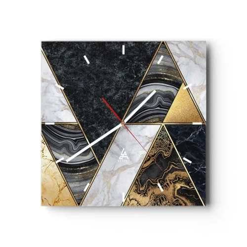 Reloj de pared - Reloj de vidrio - Triángulos geométricos en dorado, mármol y tonos oscuros. - 30x30cm - Collage de piedras - Decoración de pared moderna para salón y dormitorio ARTTOR