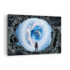 Cuadro sobre lienzo - Impresión de Imagen - Astronauta frente a un paisaje espacial con la Tierra al fondo - 120x80cm - No muy lejos de casa - Decoración de pared moderna para salón y dormitorio ARTTOR