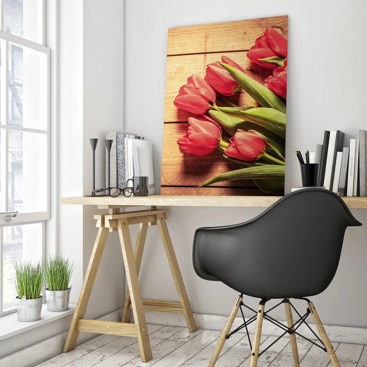 Cuadro sobre vidrio - Impresiones sobre Vidrio - Tulipanes rojos sobre una tabla de madera - 50x70cm - Una confesión primaveral - Decoración de pared moderna para salón y dormitorio ARTTOR