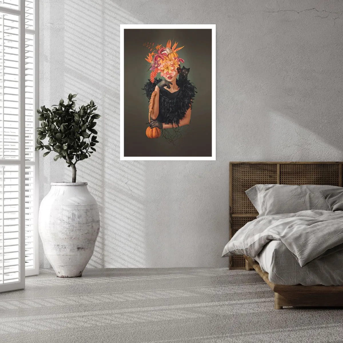 Póster - Retrato artístico de una mujer con flores, una calabaza y un gato negro. - 50x70cm - Hechizo de bruja - Decoración de pared moderna para salón y dormitorio ARTTOR