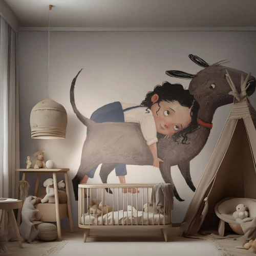 Fotomural Premium Canvas - Ilustración de estilo de dibujos animados de un niño abrazando a un perro. - 100x70cm - Mejores amigos - Decoración de pared moderna para salón y dormitorio ARTTOR
