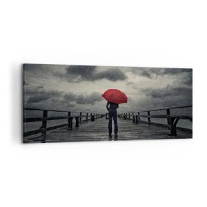 Cuadro sobre lienzo - Impresión de Imagen - Una persona con un paraguas rojo en un muelle lluvioso. - 120x50cm - No importa que llueva - Decoración de pared moderna para salón y dormitorio ARTTOR