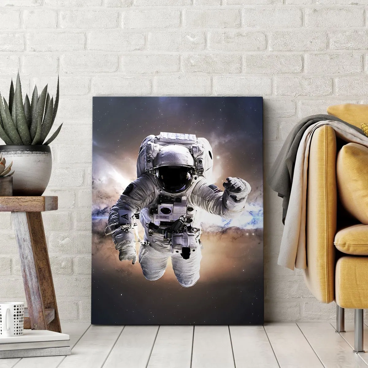 Cuadro sobre lienzo - Impresión de Imagen - Astronauta en el espacio - 50x70cm - Saludos desde el espacio exterior - Decoración de pared moderna para salón y dormitorio ARTTOR
