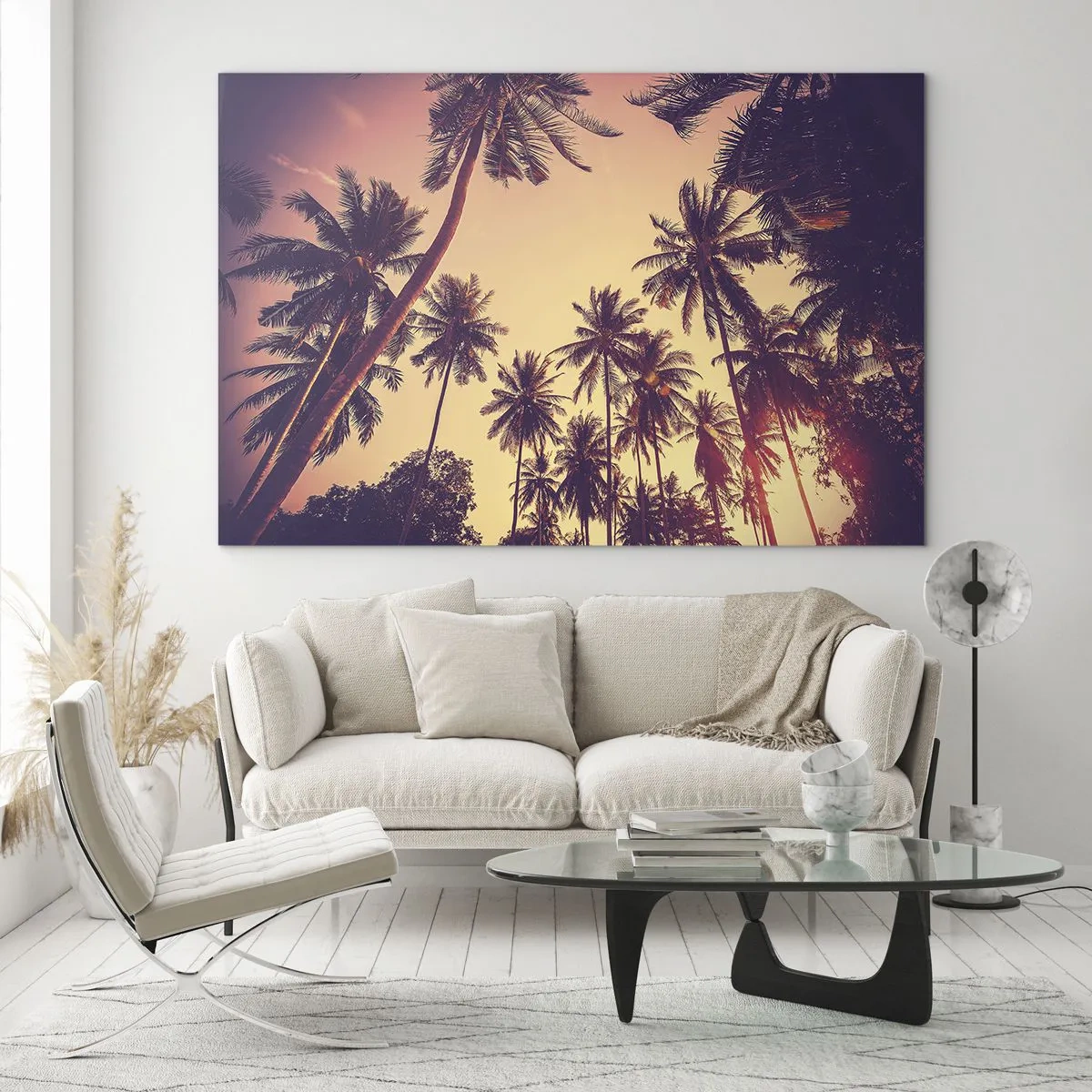 Cuadro sobre vidrio - Impresiones sobre Vidrio - Palmeras bajo los rayos del sol poniente - 100x70cm - Variante tropical - Decoración de pared moderna para salón y dormitorio ARTTOR