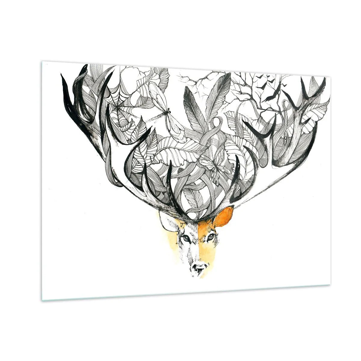 Cuadro sobre vidrio - Impresiones sobre Vidrio - Dibujo de un ciervo con astas elegantes - 100x70cm - Cuernos de la abundancia - Decoración de pared moderna para salón y dormitorio ARTTOR