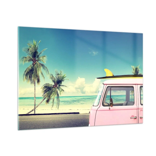 Cuadro sobre vidrio - Impresiones sobre Vidrio - Una playa con palmeras y una furgoneta retro rosa junto al mar. - 100x70cm - Comienzan las vacaciones - Decoración de pared moderna para salón y dormitorio ARTTOR