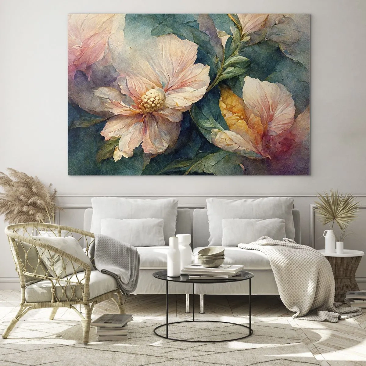 Cuadro sobre vidrio - Impresiones sobre Vidrio - Delicadas flores en tonos pastel de acuarela. - 120x80cm - La sutileza misma - Decoración de pared moderna para salón y dormitorio ARTTOR