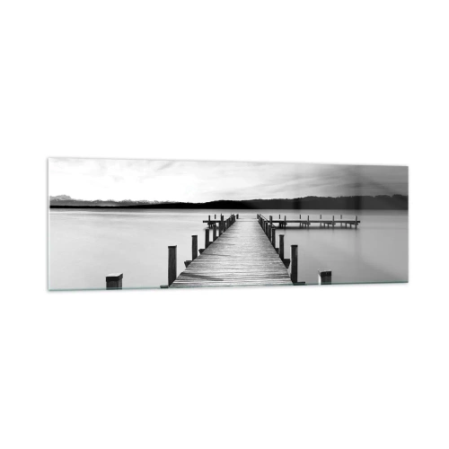Cuadro sobre vidrio - Impresiones sobre Vidrio - Un embarcadero blanco y negro en un lago tranquilo. - 160x50cm - En el lago de la paz - Decoración de pared moderna para salón y dormitorio ARTTOR