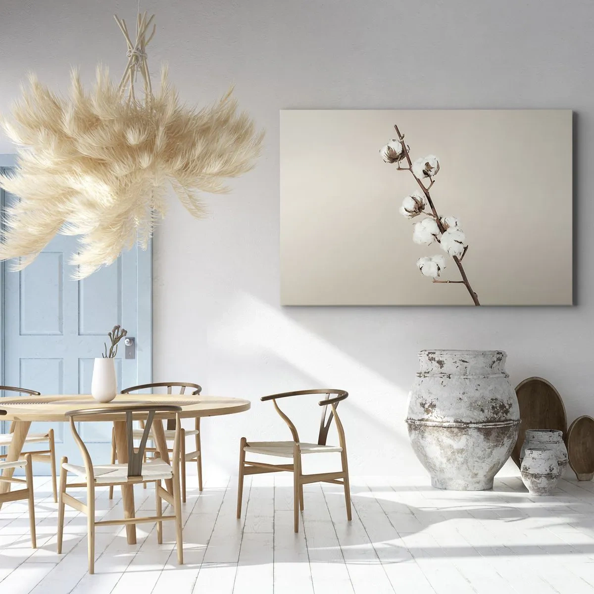 Cuadro sobre lienzo - Impresión de Imagen - Una ramita de algodón sobre un fondo beige. - 120x80cm - En la fuente de la suavidad - Decoración de pared moderna para salón y dormitorio ARTTOR