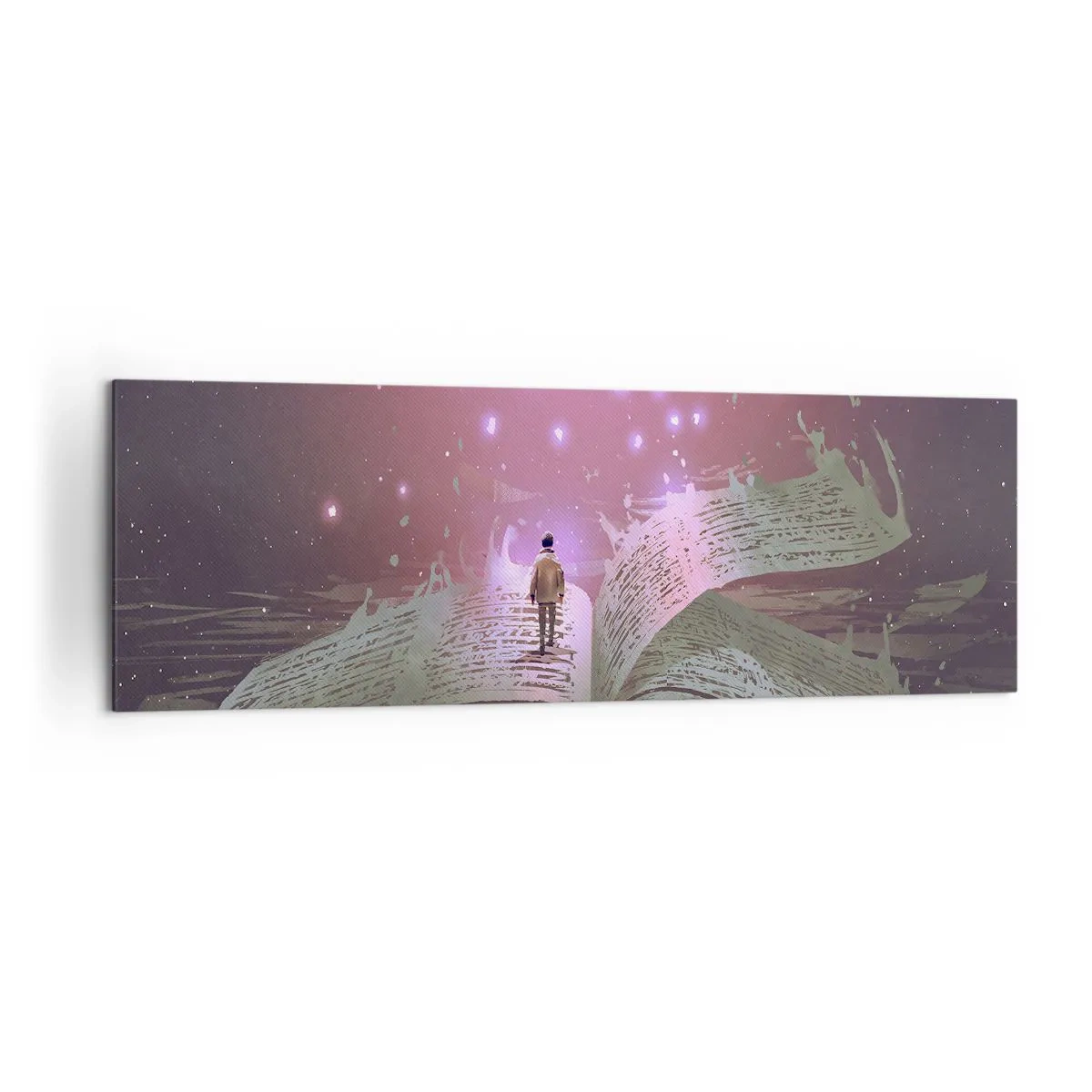 Cuadro sobre lienzo - Impresión de Imagen - Una figura pisa un libro abierto bajo una luz mágica. - 160x50cm - Una invitación a otro mundo - Decoración de pared moderna para salón y dormitorio ARTTOR