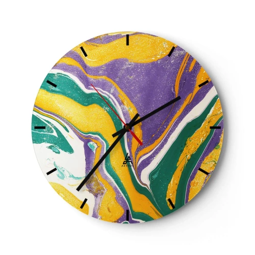 Reloj de pared - Reloj de vidrio - Patrones abstractos en tonos morados, amarillos y verdes. - 30x30cm - Olas de color - Decoración de pared moderna para salón, cocina y dormitorio ARTTOR