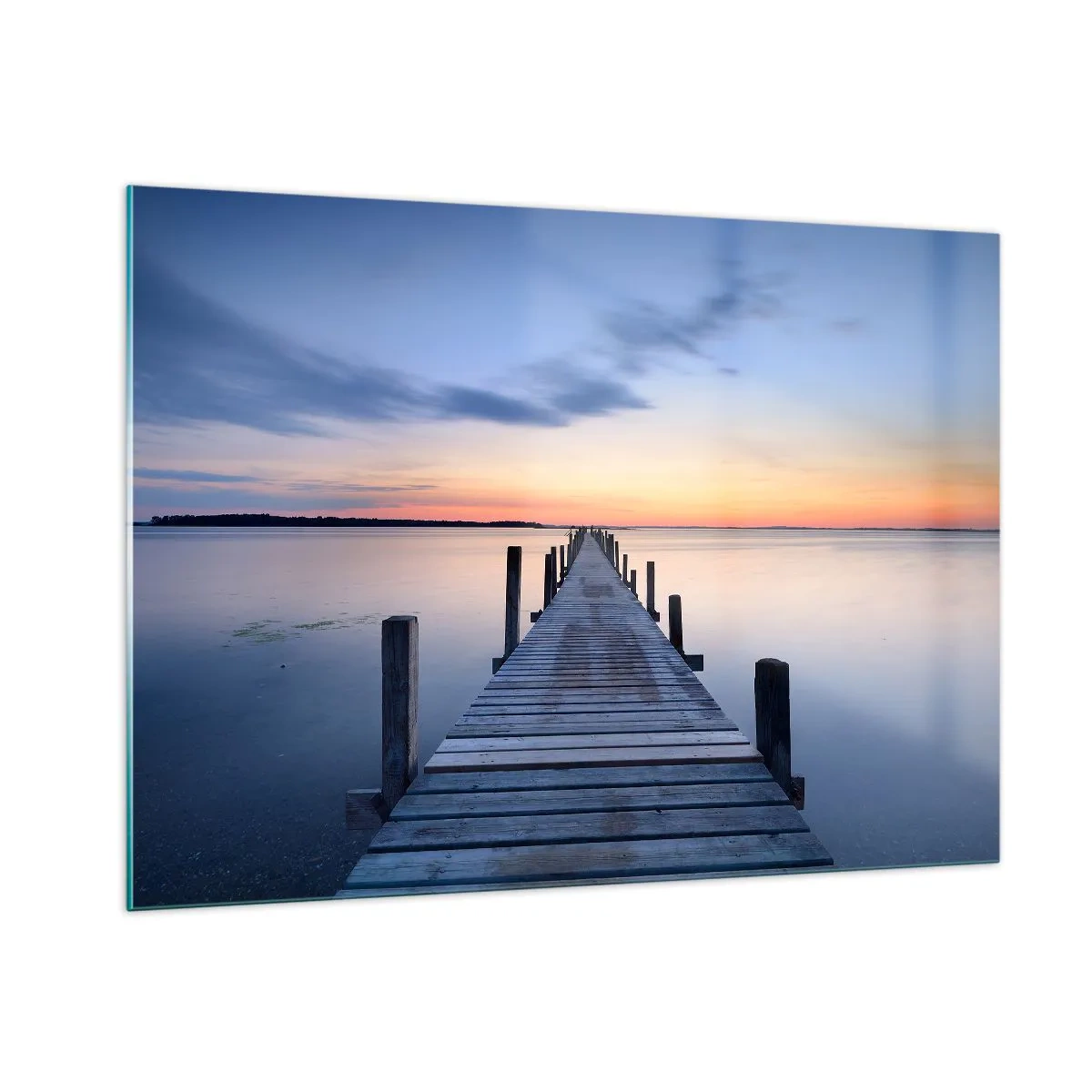 Cuadro sobre vidrio - Impresiones sobre Vidrio - Un embarcadero de madera sobre un lago tranquilo al atardecer. - 100x70cm - La calma de un crepúsculo sereno - Decoración de pared moderna para salón y dormitorio ARTTOR
