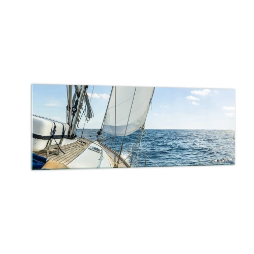 Cuadro sobre vidrio - Impresiones sobre Vidrio - Un velero en un mar tranquilo bajo un cielo azul. - 140x50cm - Ahoy, a la aventura - Decoración de pared moderna para salón y dormitorio ARTTOR